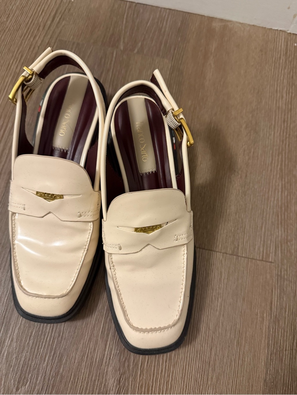 Franco Sarto Cream Leather Slingback Loafers with Gold Hardware